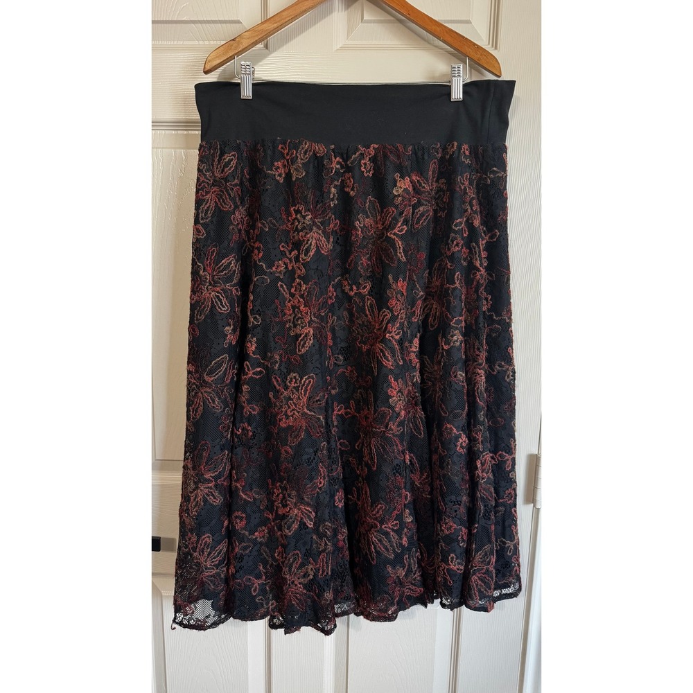 Reba Skirt 2X Black Burgundy Floral Lace Midi Elastic Waist Whimsigoth Boho